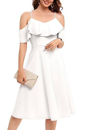 Bbonlinedress Kleid Damen Sommer Schulterfrei elegant Trägerkleid mit Rüschen Midilang festliches Party Cocktailkleid Casual Strandkleid White 2XL von Bbonlinedress