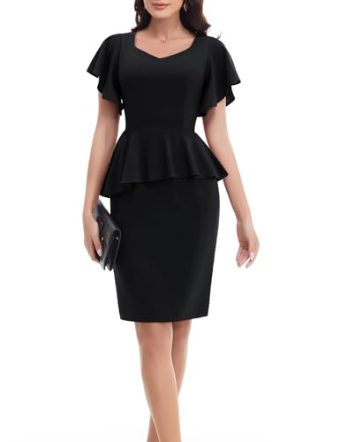 Bbonlinedress Kleid Damen elegant Bodycon Kurzer Ärmel mit Rüschen Party festliches Etuikleid Knielang Arbeitskleid Business Bleistiftkleid Cocktailkleid Black 2XL von Bbonlinedress