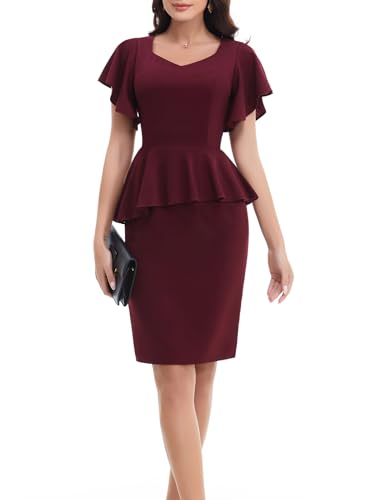 Bbonlinedress Kleid Damen elegant Bodycon Kurzer Ärmel mit Rüschen Party festliches Etuikleid Knielang Arbeitskleid Business Bleistiftkleid Cocktailkleid Burgundy 2XL von Bbonlinedress