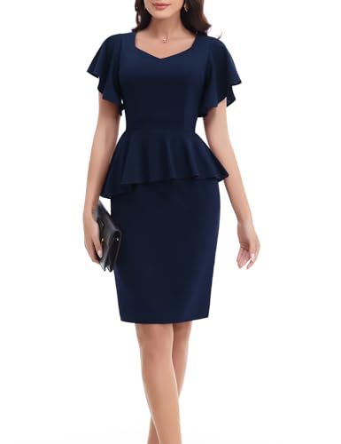 Bbonlinedress Kleid Damen elegant Bodycon Kurzer Ärmel mit Rüschen Party festliches Etuikleid Knielang Arbeitskleid Business Bleistiftkleid Cocktailkleid Navy 2XL von Bbonlinedress