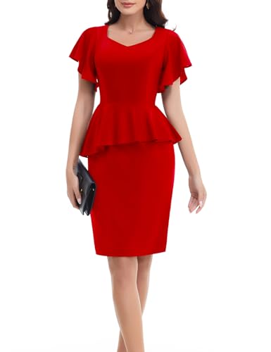 Bbonlinedress Kleid Damen elegant Bodycon Kurzer Ärmel mit Rüschen Party festliches Etuikleid Knielang Arbeitskleid Business Bleistiftkleid Cocktailkleid Red 2XL von Bbonlinedress