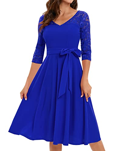 Bbonlinedress Kleid Damen elegant Sommer 3/4 arm Hollow Out Spitzenkleid V-Ausschnitt Freizeitkleid midilang Abendkleider für Hochzeit Festliche Rockabilly Kleider Royal Blue 3XL von Bbonlinedress