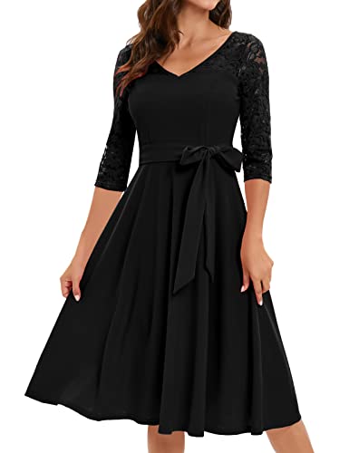 Bbonlinedress Kleid festlich Damen 3/4 arm Hollow Out Spitzenärmel V-Ausschnitt Midi Spitzenkleid Rockabilly Kleider schwarzes Cocktailkleid elegant Sommerkleid Black 2XL von Bbonlinedress