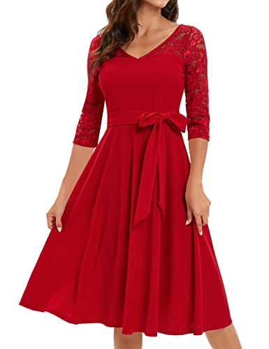 Bbonlinedress Kleid festlich Damen 3/4 arm Hollow Out Spitzenärmel V-Ausschnitt Midilang Spitzenkleid rotes Kleid Cocktailkleid elegant für Hochzeit Sommerkleid Red 3XL von Bbonlinedress