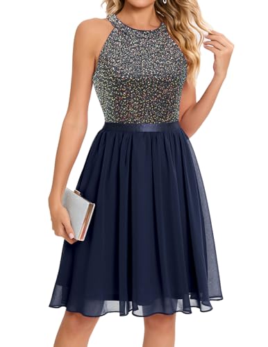 Bbonlinedress Glitzer Kleid Damen elegant Neckholder Pailletten Cocktailkleid festliches Brautkleid Party Abendkleider für Hochzeit Winterkleid Navy 2XL von Bbonlinedress