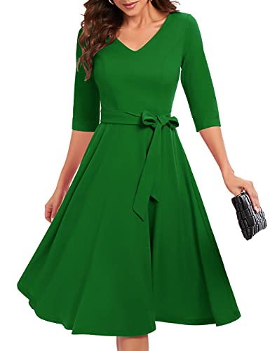 Bbonlinedress Kleider Damen 3/4 arm V-Ausschnitt Midi Kleider Rockabilly Kleider Cocktailkleid elegant für Hochzeit Abendkleider mit Taschen Green XL von Bbonlinedress