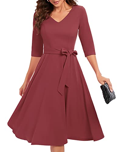 Bbonlinedress Kleider Damen 3/4 arm V-Ausschnitt Midi Kleider Rockabilly Kleider Cocktailkleid elegant für Hochzeit Abendkleider mit Taschen Raspberry XL von Bbonlinedress