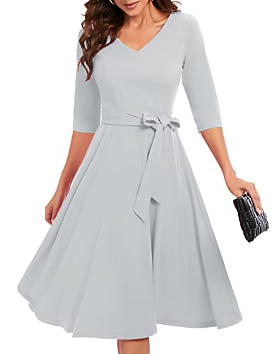 Bbonlinedress Kleider Damen 3/4 arm V-Ausschnitt Midi Kleider Rockabilly Kleider Cocktailkleid elegant für Hochzeit Abendkleider mit Taschen Silver XL von Bbonlinedress