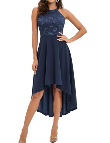 Bbonlinedress Kleider Damen Festliche Abendkleider elegant für Hochzeit Sommer Neckholder High Low jugendweihes Spitzenkleid Cocktail Brautkleid Abschlusskleid Ballkleid Navy 3XL von Bbonlinedress