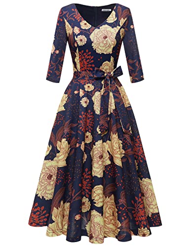 Bbonlinedress Kleider Damen festlich 3/4 arm V-Ausschnitt Midi Kleider Abendkleider elegant für Hochzeit Rockabilly Kleider mit Taschen Navy Yellow Flower M von Bbonlinedress