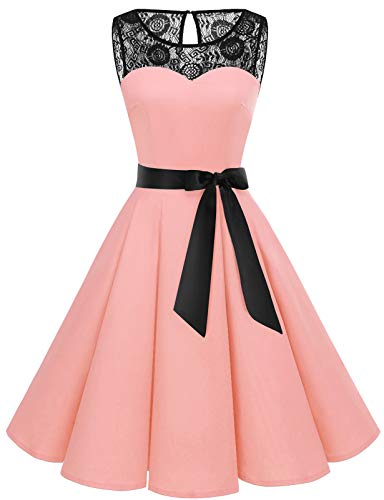 Bbonlinedress Cocktailkleid Damen festliches Kleid 1950er Ärmellos Vintage Retro Spitzenkleid Rundhals Abendkleid Elegant Sommerkleid Blush L von Bbonlinedress