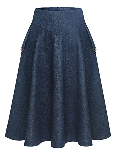 Bbonlinedress Rock Damen Lang Vintage Elegant Plaid Winterrock Warm Elastische Taille A Linie Röcke Casual Rock Hohe Taille Midi Rock Navy 2XL von Bbonlinedress