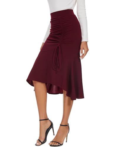 Bbonlinedress Rock Damen Midilang Stretch Kordelzug Röcke Basic Solide Vielseitige Dehnbar elegant Bleistiftröcke mit Rüschen Bodycon Wickelrock Burgundy 2XL von Bbonlinedress