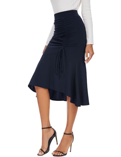BBONL INEDRESS Rock Damen Midilang Stretch Kordelzug Röcke Basic Solide Vielseitige Dehnbar elegant Bleistiftröcke mit Rüschen Bodycon Wickelrock Navy M von Bbonlinedress