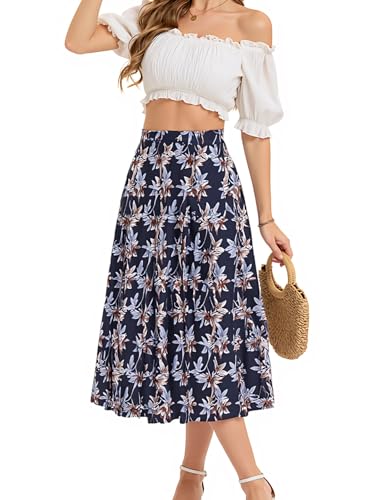 Bbonlinedress Rock Damen a Linie Faltenrock Knielang Sommer Röcke mit Blumendruck Tellerrock Casual Hohe Taille Midirock Black Flower L von Bbonlinedress