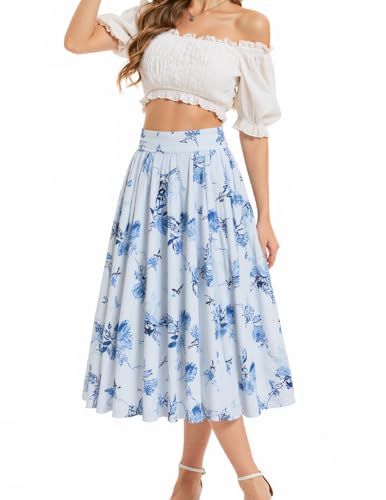 Bbonlinedress Rock Damen a Linie Faltenrock Knielang Sommer Röcke mit Blumendruck Tellerrock Casual Hohe Taille Midirock Blue Rose L von Bbonlinedress