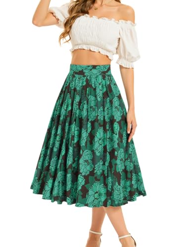 Bbonlinedress Rock Damen a Linie Faltenrock Knielang Sommer Röcke mit Blumendruck Tellerrock Casual Hohe Taille Midirock Green Flower M von Bbonlinedress