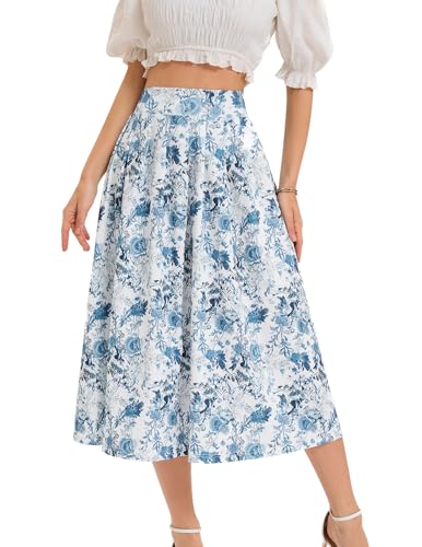 Bbonlinedress Rock Damen a Linie Faltenrock Knielang Sommer Röcke mit Blumendruck Tellerrock Casual Hohe Taille Midirock White Blue Flower M von Bbonlinedress