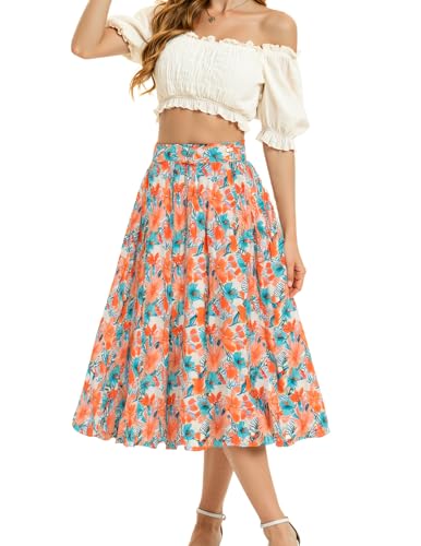 Bbonlinedress Rock Damen a Linie Faltenrock Knielang Sommer Röcke mit Blumendruck Tellerrock Casual Hohe Taille Midirock White Orange Flower XL von Bbonlinedress