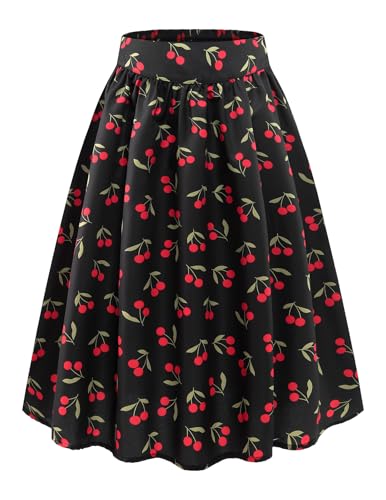 Bbonlinedress Rock Damen mit Blumendruck a Linie Knielang Sommer Röcke Casual Hohe Taille Midirock Swing Freizeitrock Black Small Cherry XL von Bbonlinedress