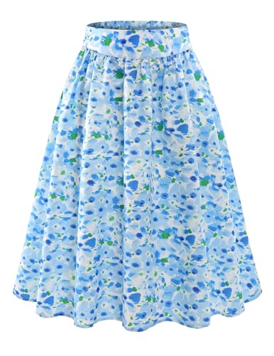 Bbonlinedress Rock Damen mit Blumendruck a Linie Knielang Sommer Röcke Casual Hohe Taille Midirock Swing Freizeitrock White Blue Flower 2XL von Bbonlinedress