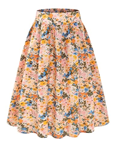 Bbonlinedress Rock Damen mit Blumendruck a Linie Knielang Sommer Röcke Casual Hohe Taille Midirock Swing Freizeitrock White Mixed Flower 2XL von Bbonlinedress