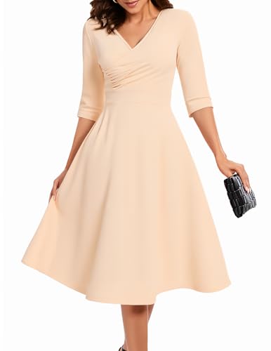 Bbonlinedress Rockabilly Kleider Damen Abendkleider elegant für Hochzeit Sommerkleid lang festliches Kleid mit Taschen Party Cocktailkleid Beige 2XL von Bbonlinedress