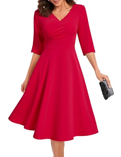 Bbonlinedress Rockabilly Kleider Damen Abendkleider elegant für Hochzeit Sommerkleid lang festliches Kleid mit Taschen Party Cocktailkleid Red XL von Bbonlinedress