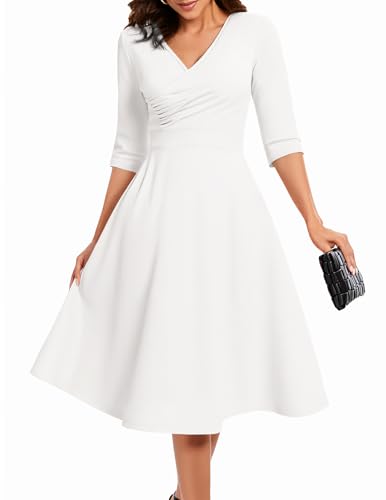 Bbonlinedress Rockabilly Kleider Damen Abendkleider elegant für Hochzeit Sommerkleid lang festliches Kleid mit Taschen Party Cocktailkleid White XL von Bbonlinedress