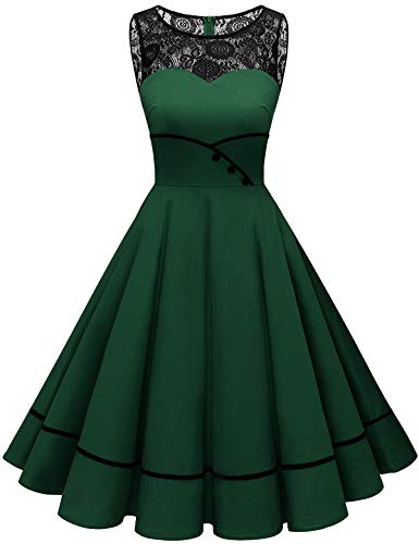 Bbonlinedress Rockabilly Kleider Damen Sommerkleid Abendkleider elegant für Hochzeit Spitzenkleid Cocktailkleid Dark Green XS von Bbonlinedress