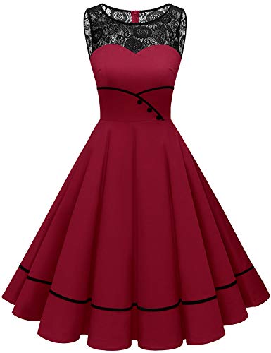 Bbonlinedress Rockabilly Kleider Damen Sommerkleid Abendkleider elegant für Hochzeit Jugendweihe Kleider Spitzenkleid Cocktailkleid Konfirmationskleider Dark Red S von Bbonlinedress