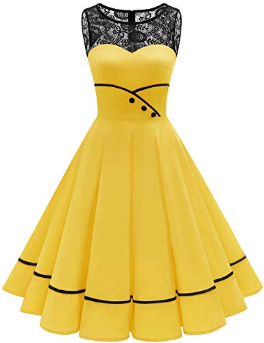 Bbonlinedress Rockabilly Kleider Damen festlich 50er Jahre Kleider Abendkleider elegant für Hochzeit gast Cocktailkleid Sommerkleid Yellow XL von Bbonlinedress