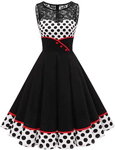 Bbonlinedress Rockabilly Kleider Damen elegant Kleid festlich Vintage cocktailkleid Jugendweihe Kleider Hochzeit Abendkleider Petticoat Kleid Sommerkleid White Black Bdot XL von Bbonlinedress