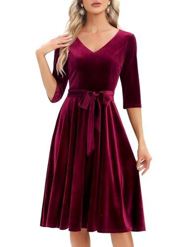 Bbonlinedress Samtkleid Damen Langarm Midilang Abendkleid elegant für Hochzeit Winter Festliche Kleider Vintage Rockabilly Cocktailkleid Party Weihnachtskleid Burgundy L von Bbonlinedress