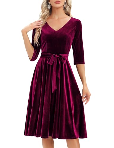 Bbonlinedress Samtkleid Damen Langarm Midilang Abendkleid elegant für Hochzeit Winter Festliche Kleider Vintage Rockabilly Cocktailkleid Party Weihnachtskleid Burgundy S von Bbonlinedress