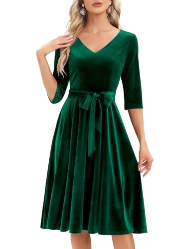 Bbonlinedress Samtkleid Damen Langarm Midilang Abendkleid elegant für Hochzeit Winter Festliche Kleider Vintage Rockabilly Cocktailkleid Party Weihnachtskleid Dark Green 2XL von Bbonlinedress