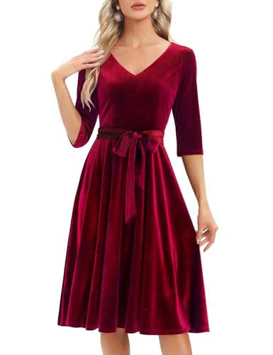 Bbonlinedress Samtkleid Damen Langarm Midilang Abendkleid elegant für Hochzeit Winter Festliche Kleider Vintage Rockabilly Cocktailkleid Party Weihnachtskleid Dark Red 2XL von Bbonlinedress