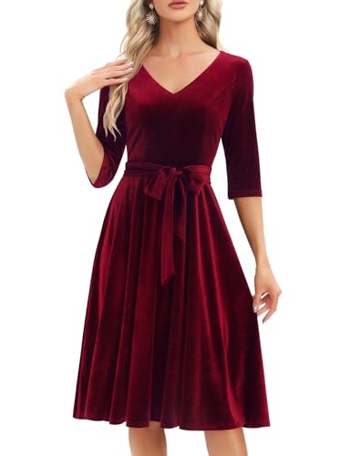 Bbonlinedress Samtkleid Damen Langarm Midilang Abendkleid elegant für Hochzeit Winter Festliche Kleider Vintage Rockabilly Cocktailkleid Party Weihnachtskleid Dark Red 2XL von Bbonlinedress