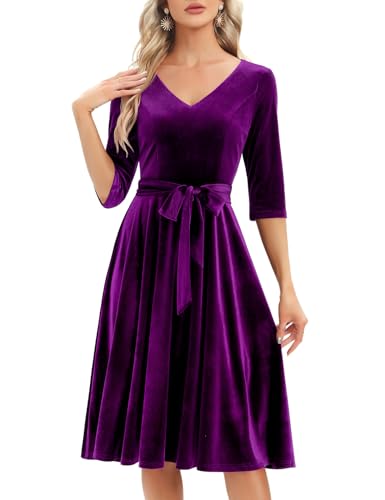 Bbonlinedress Samtkleid Damen Langarm Midilang Abendkleid elegant für Hochzeit Winter Festliche Kleider Vintage Rockabilly Cocktailkleid Party Weihnachtskleid Grape 2XL von Bbonlinedress