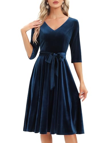 Bbonlinedress Samtkleid Damen Langarm Midilang Abendkleid elegant für Hochzeit Winter Festliche Kleider Vintage Rockabilly Cocktailkleid Party Weihnachtskleid Navy 2XL von Bbonlinedress