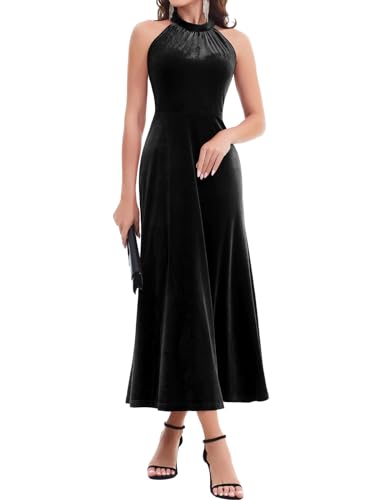 Bbonlinedress Samtkleid Damen Neckholder Abendkleider elegant Maxilang Bodycon Brautkleid Party festliches Cocktailkleid Weihnachtskleider Black 2XL von Bbonlinedress