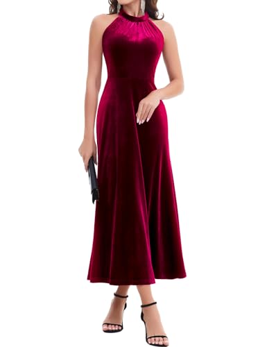 Bbonlinedress Samtkleid Damen Neckholder Abendkleider elegant Maxilang Bodycon Brautkleid Party festliches Cocktailkleid Weihnachtskleider Burgundy L von Bbonlinedress