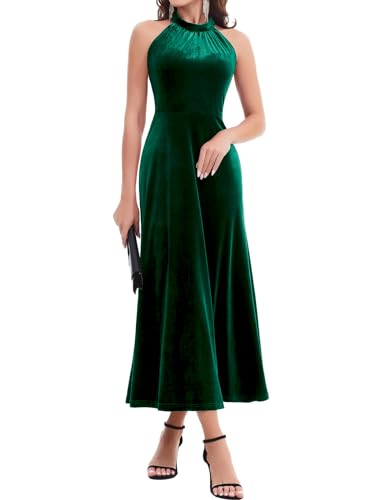 Bbonlinedress Samtkleid Damen Neckholder Abendkleider elegant Maxilang Bodycon Brautkleid Party festliches Cocktailkleid Weihnachtskleider Dark Green XL von Bbonlinedress