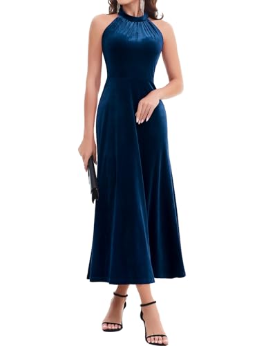 Bbonlinedress Samtkleid Damen Neckholder Abendkleider elegant Maxilang Bodycon Brautkleid Party festliches Cocktailkleid Weihnachtskleider Navy 2XL von Bbonlinedress