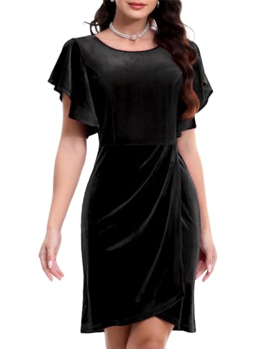 Bbonlinedress Samtkleid Damen elegant Bodycon Knielang Flutter Ärmel Winter Festliche Plissee Party Cocktailkleid Weihnachtskleider Black 2XL von Bbonlinedress