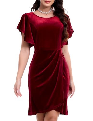 Bbonlinedress Samtkleid Damen elegant Bodycon Knielang Flutter Ärmel Winter Festliche Plissee Party Cocktailkleid Weihnachtskleider Dark Red 2XL von Bbonlinedress