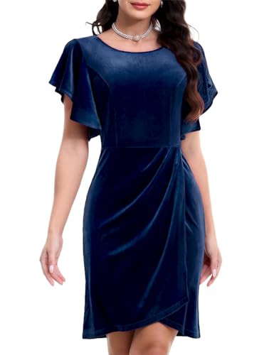 Bbonlinedress Samtkleid Damen elegant Bodycon Knielang Flutter Ärmel Winter Festliche Plissee Party Cocktailkleid Weihnachtskleider Navy 2XL von Bbonlinedress