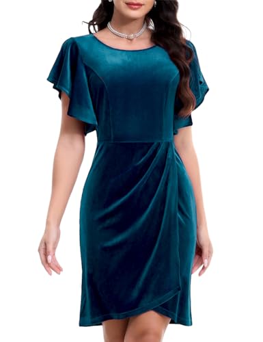 Bbonlinedress Samtkleid Damen elegant Bodycon Knielang Flutter Ärmel Winter Festliche Plissee Party Cocktailkleid Weihnachtskleider Turquoise 2XL von Bbonlinedress