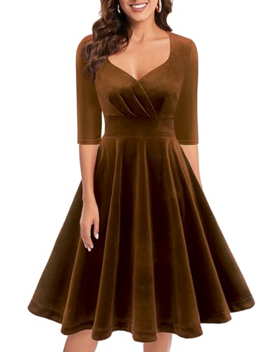 Bbonlinedress Samtkleid Damen elegant Knielang V-Ausschnitt Langarm Winterkleider Festliche Kleider Party Cocktailkleid Weihnachtskleider Brown 2XL von Bbonlinedress