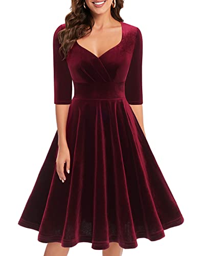 Bbonlinedress Samtkleid Damen elegant Knielang V-Ausschnitt Langarm Winterkleider Festliche Kleider Party Cocktailkleid Weihnachtskleider Burgundy 2XL von Bbonlinedress